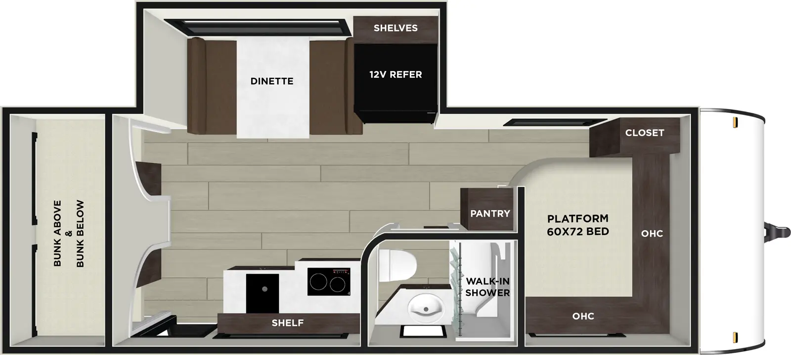 The Salem FSX 180ICE floorplan has one entry and one slide out. Exterior features include: metal exterior. Interiors features include: bunk beds and front bedroom.